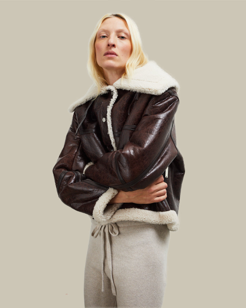 Anne Vest Brown Vintage Leather Shearling Aviator Jacket | MAISON 49