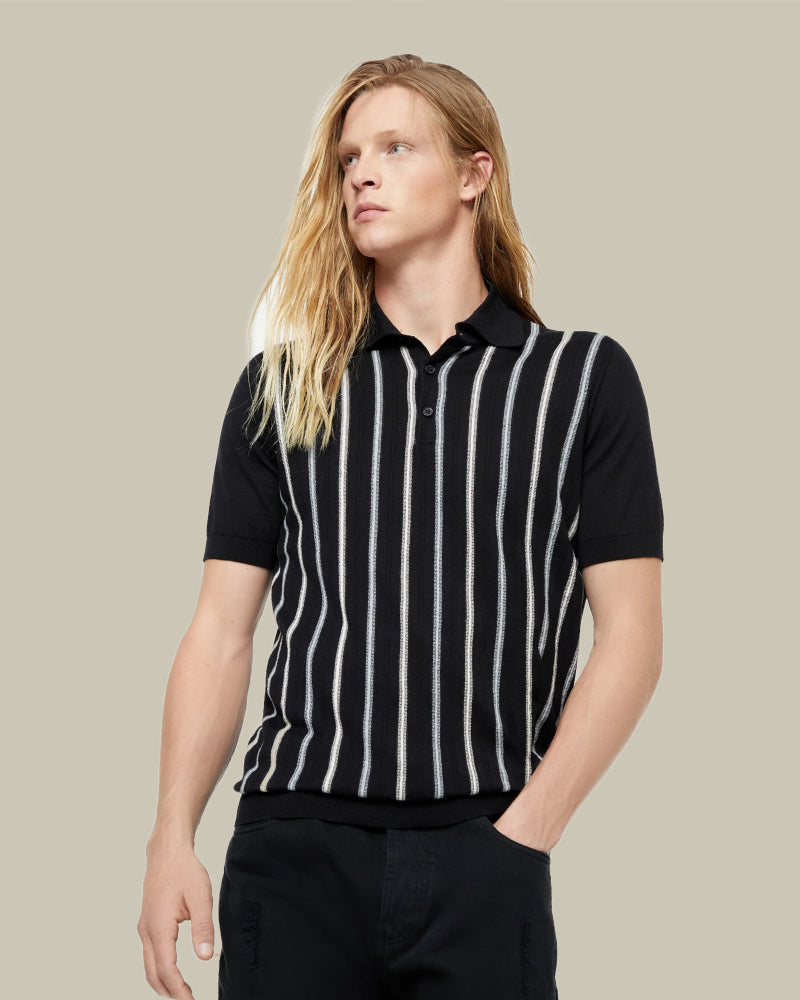 Black Woven Stripe Knit Polo