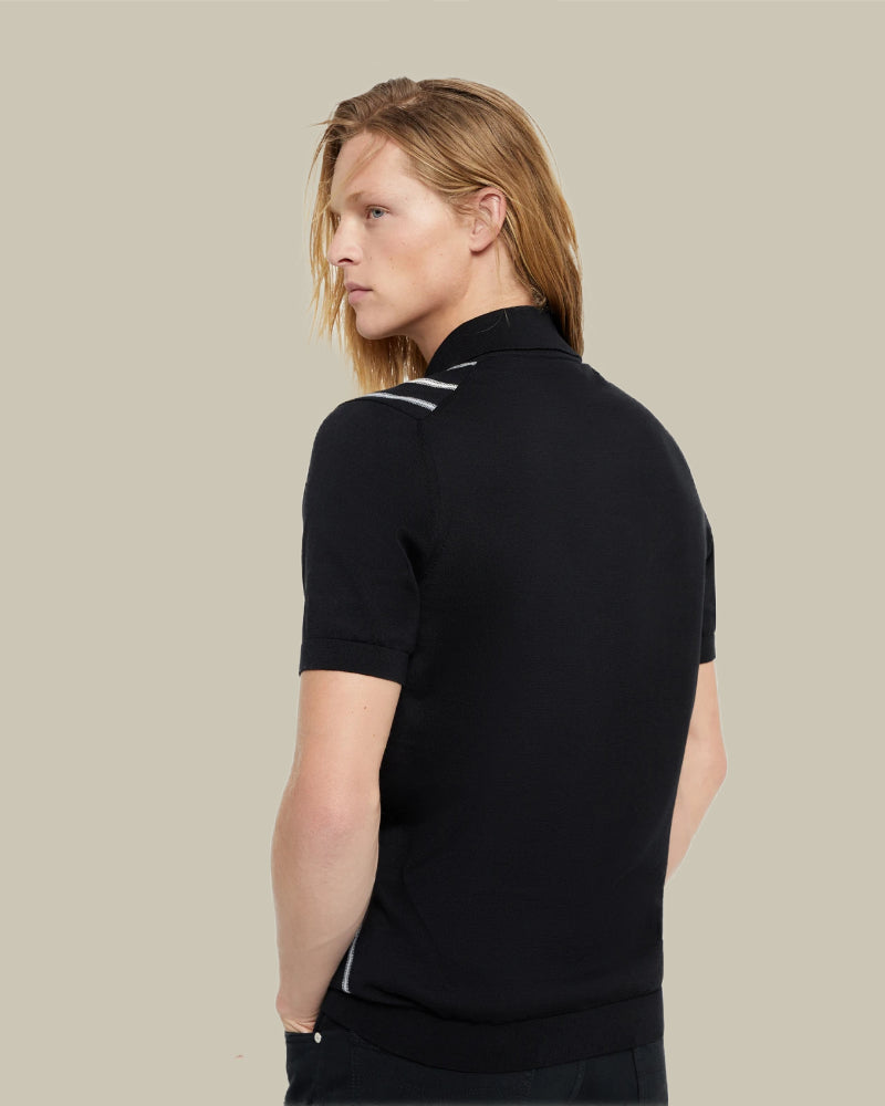 Black Woven Stripe Knit Polo
