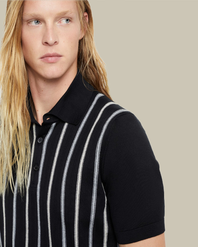 Black Woven Stripe Knit Polo