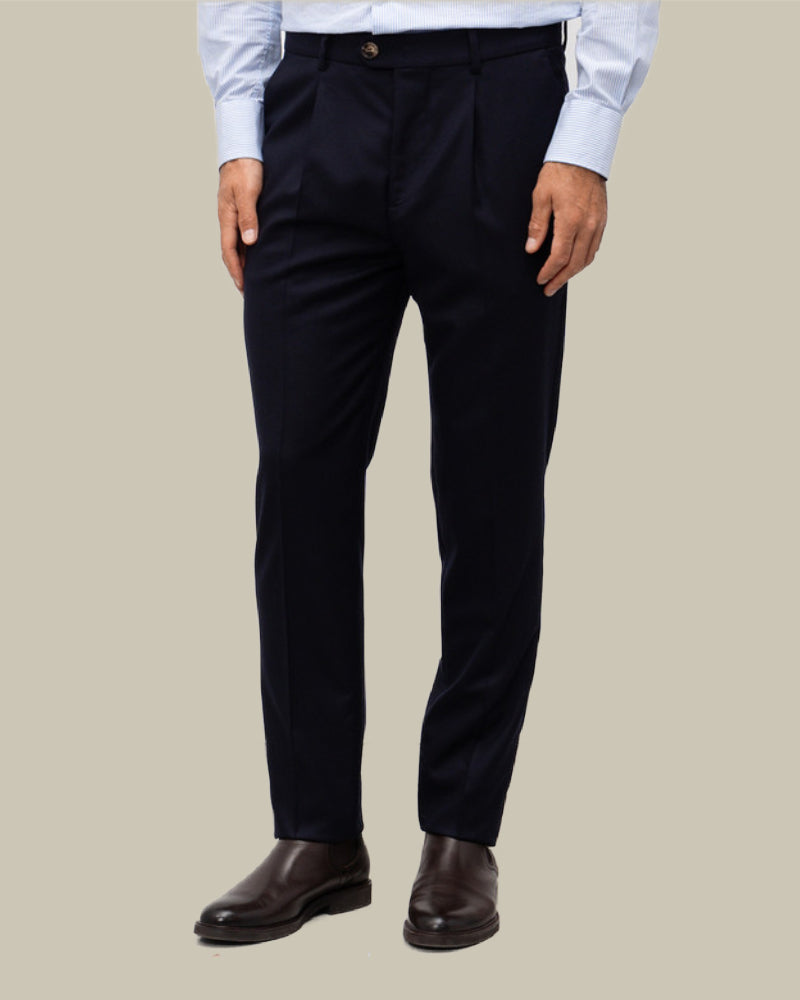 Navy Single Pleat Lightweight Flannel Trouser