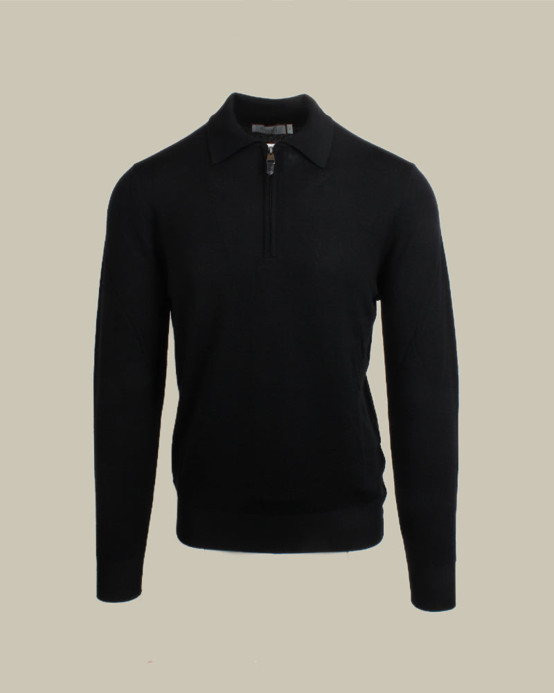 Black Merino Wool Zip Polo