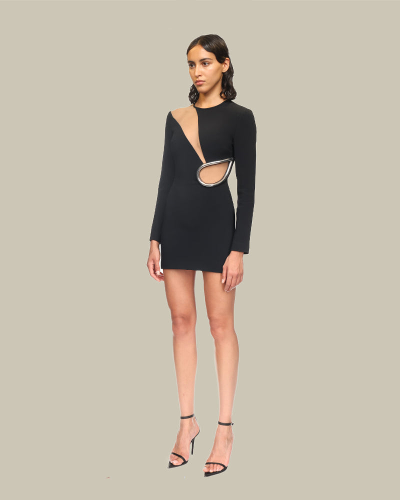 Metallic Tube Waist Detail Long Sleeve Mini Dress