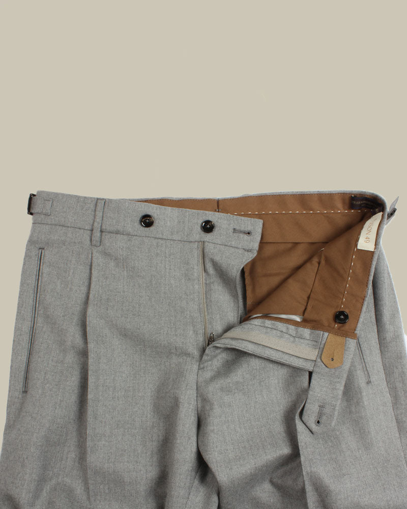 Grey Flannel Pleated Side Fasten Trousers