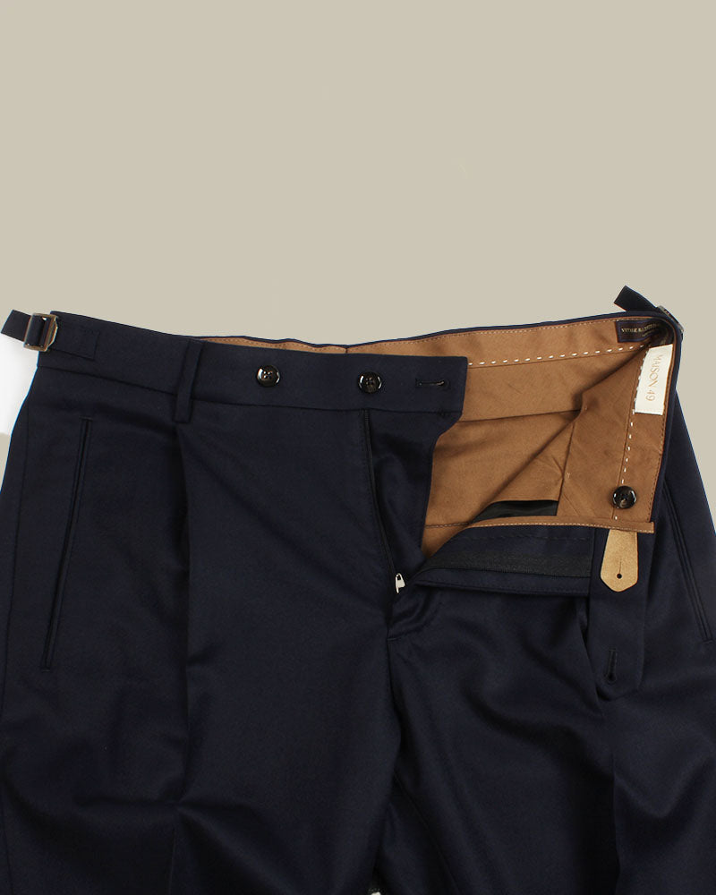 Navy Flannel Pleated Side Fasten Trousers