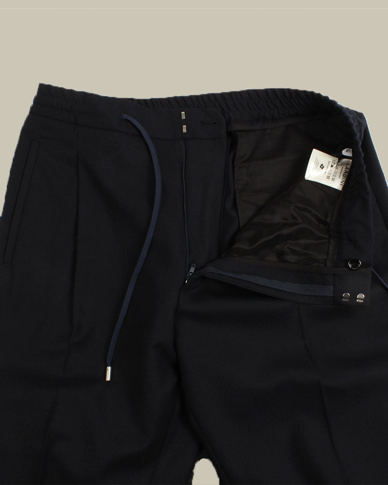 Navy Stretch Wool Drawstring Pleated Trousers