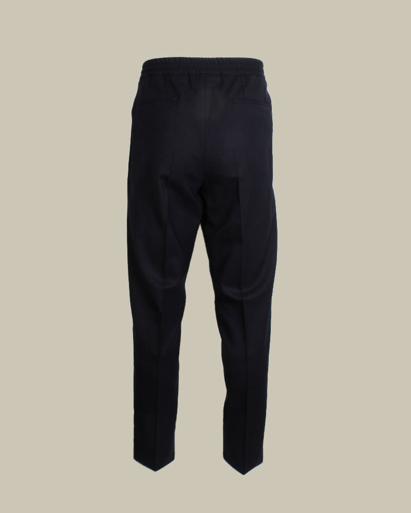 Navy Stretch Wool Drawstring Pleated Trousers