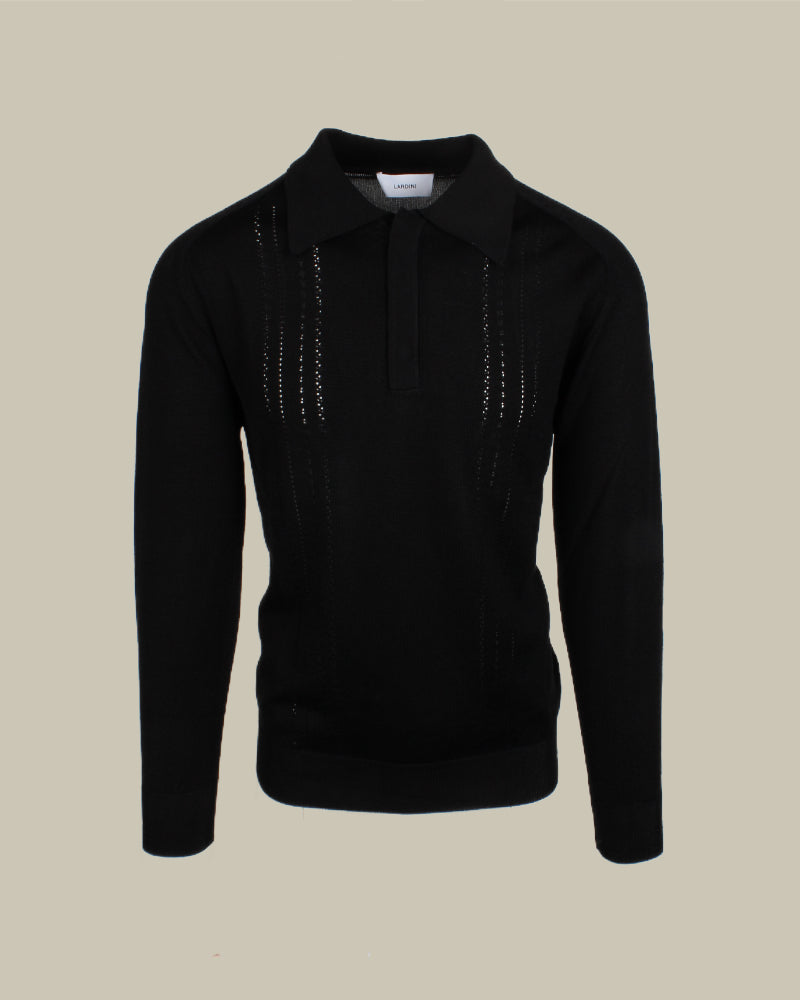 Black Cotton Knit Long Sleeve Polo