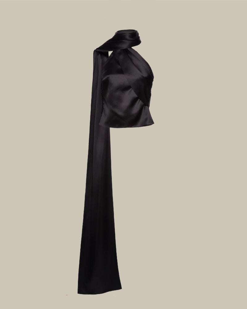 Black Silk Wrap Neck Top