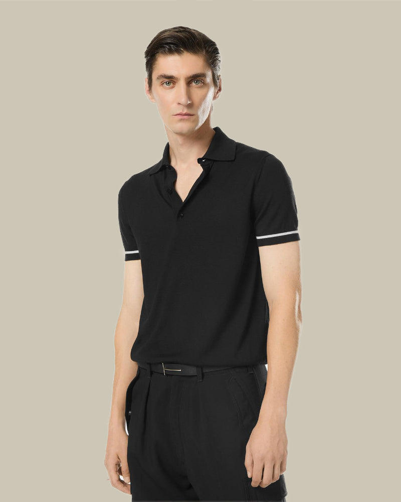 Black Contrast Cashmere Silk Knitted Polo