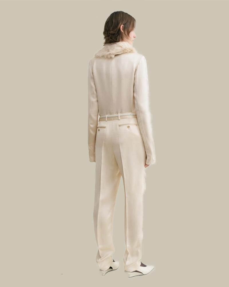 Ecru Low Waist Slim Fit Satin Trousers