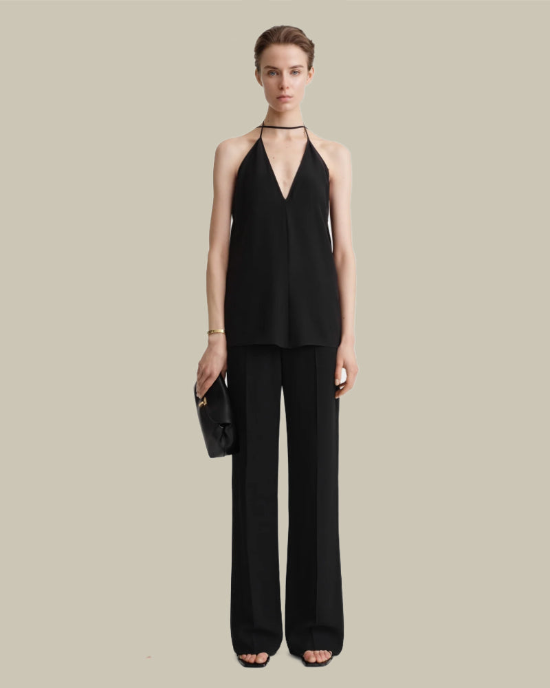 Double Halter Silk Top Black