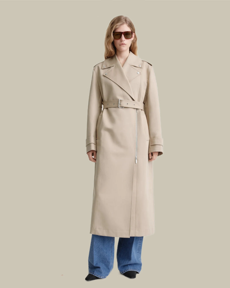 Beige Cotton Biker Trench Coat