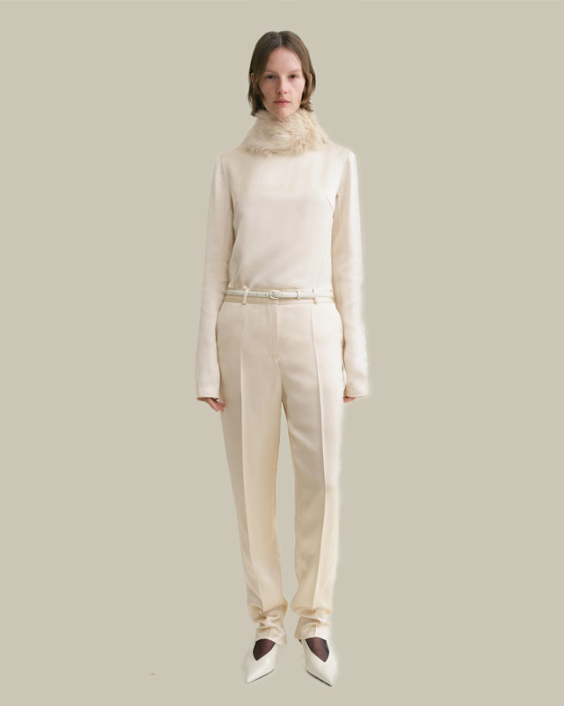 Ecru Low Waist Slim Fit Satin Trousers