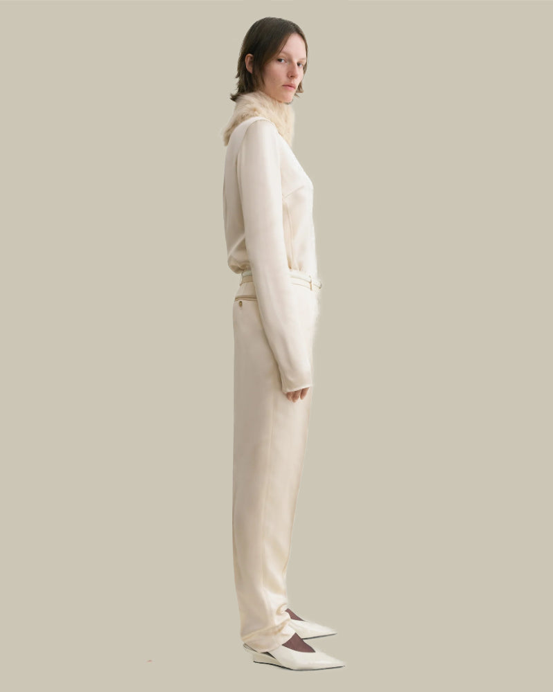 Ecru Low Waist Slim Fit Satin Trousers
