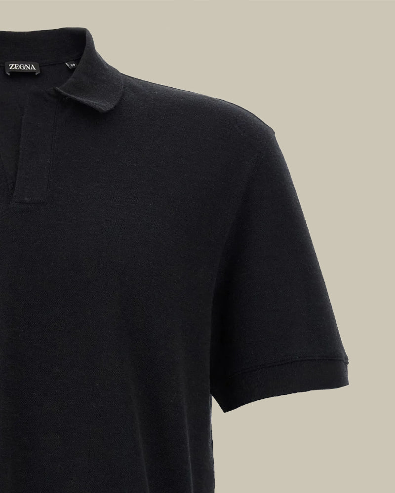 Black Cotton & Cashmere Pique Skipper Polo