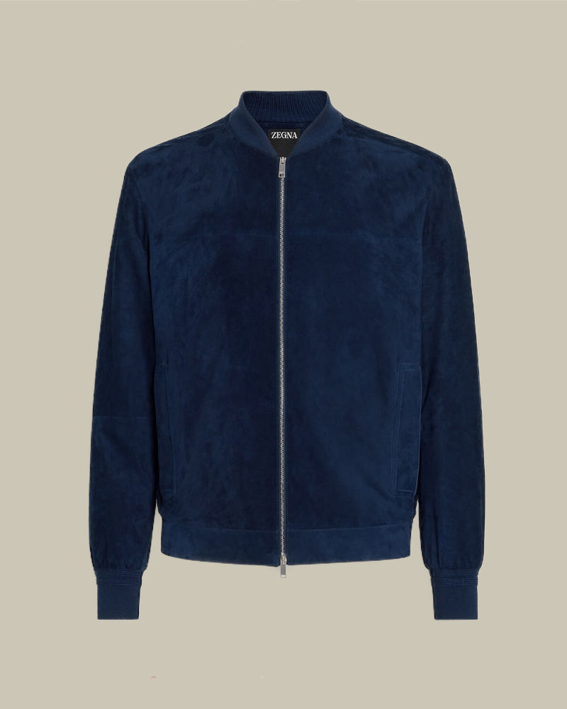 Blue shops suede bomber jacket