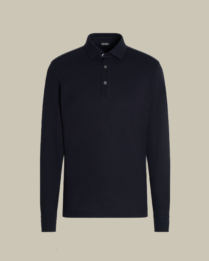 Navy Pure Cotton Pique Long Sleeve Polo Suede Piping