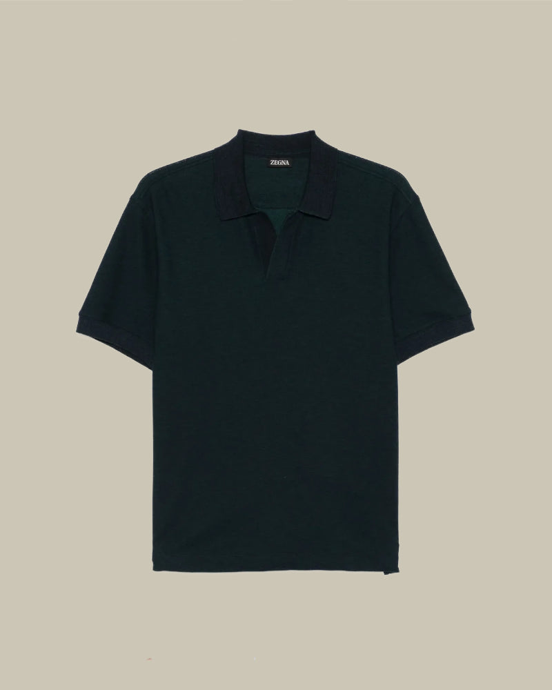 Teal Cotton & Cashmere Pique Skipper Polo