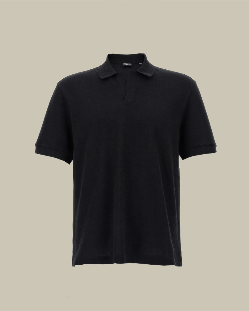 Black Cotton & Cashmere Pique Skipper Polo
