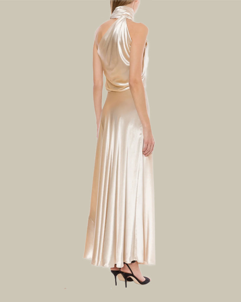 Champagne Glossy Velvet One-Shoulder Dress