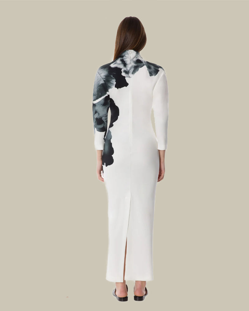 Orchid Print Long-Sleeved Maxi Dress
