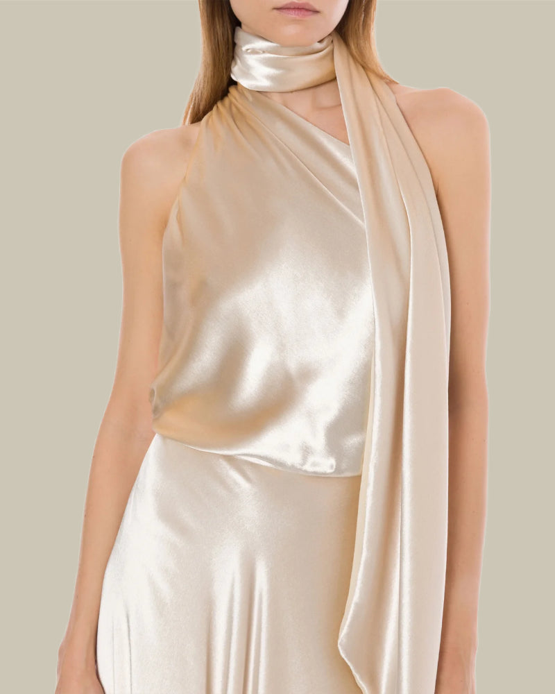 Champagne Glossy Velvet One-Shoulder Dress