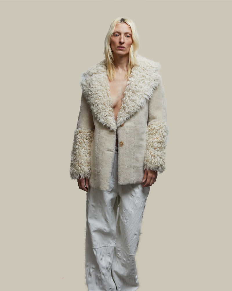 Off White Shearling & Leather Reversible Jacket