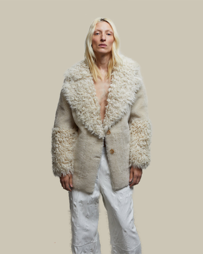 Off White Shearling Leather Reversible Jacket