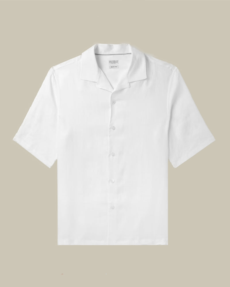 White Linen Easy Fit Camp Collar Shirt