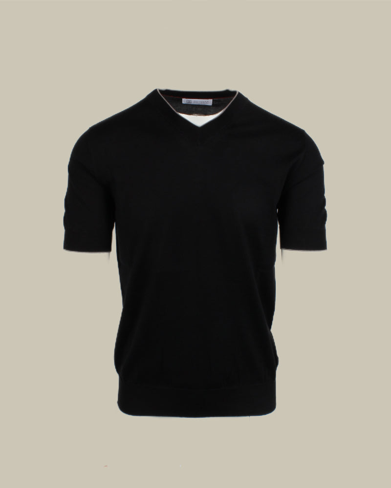 Black Cotton V Neck Knit T Shirt