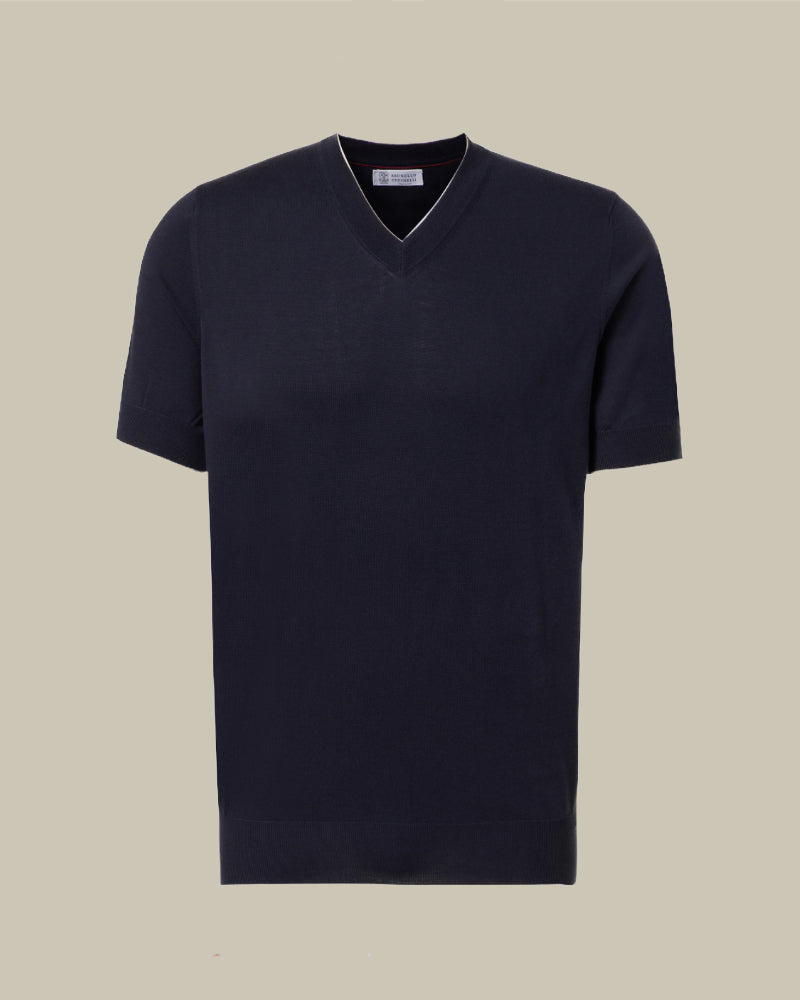 Navy Cotton V Neck Knit T Shirt