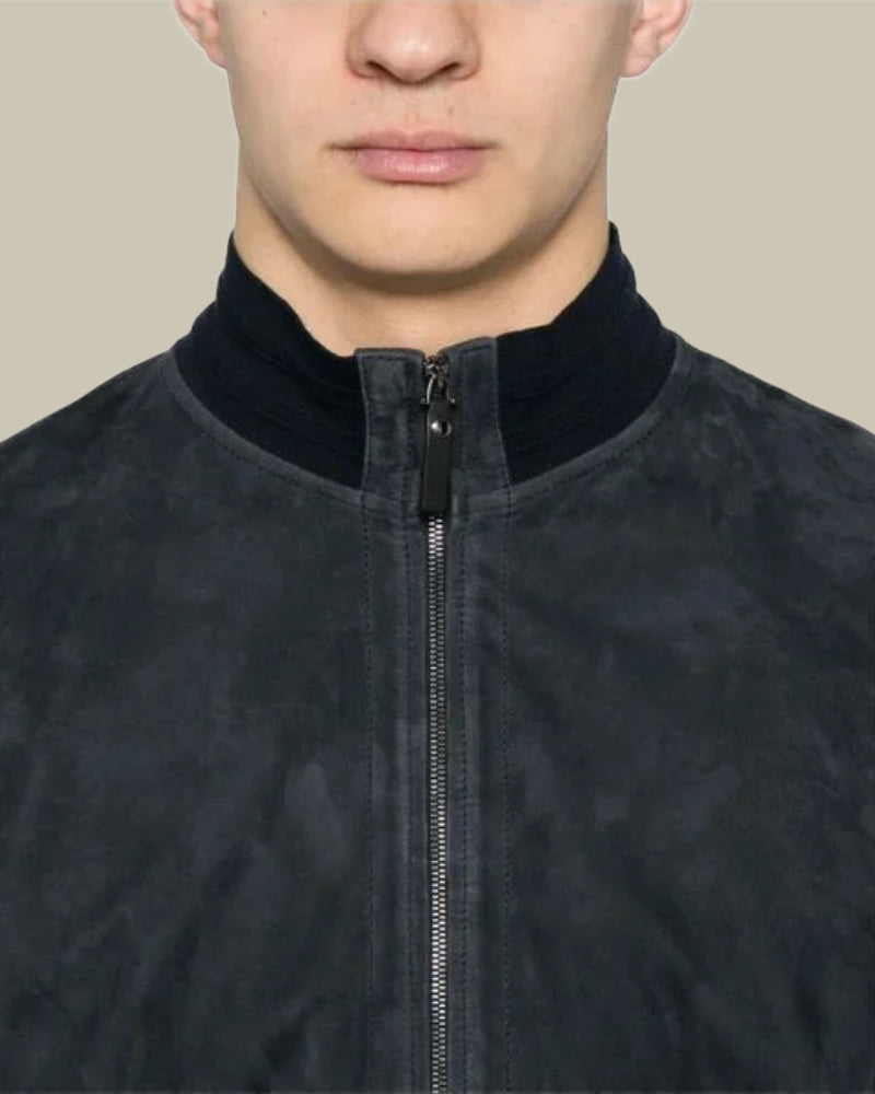 Navy Suede Funnel Neck Blouson