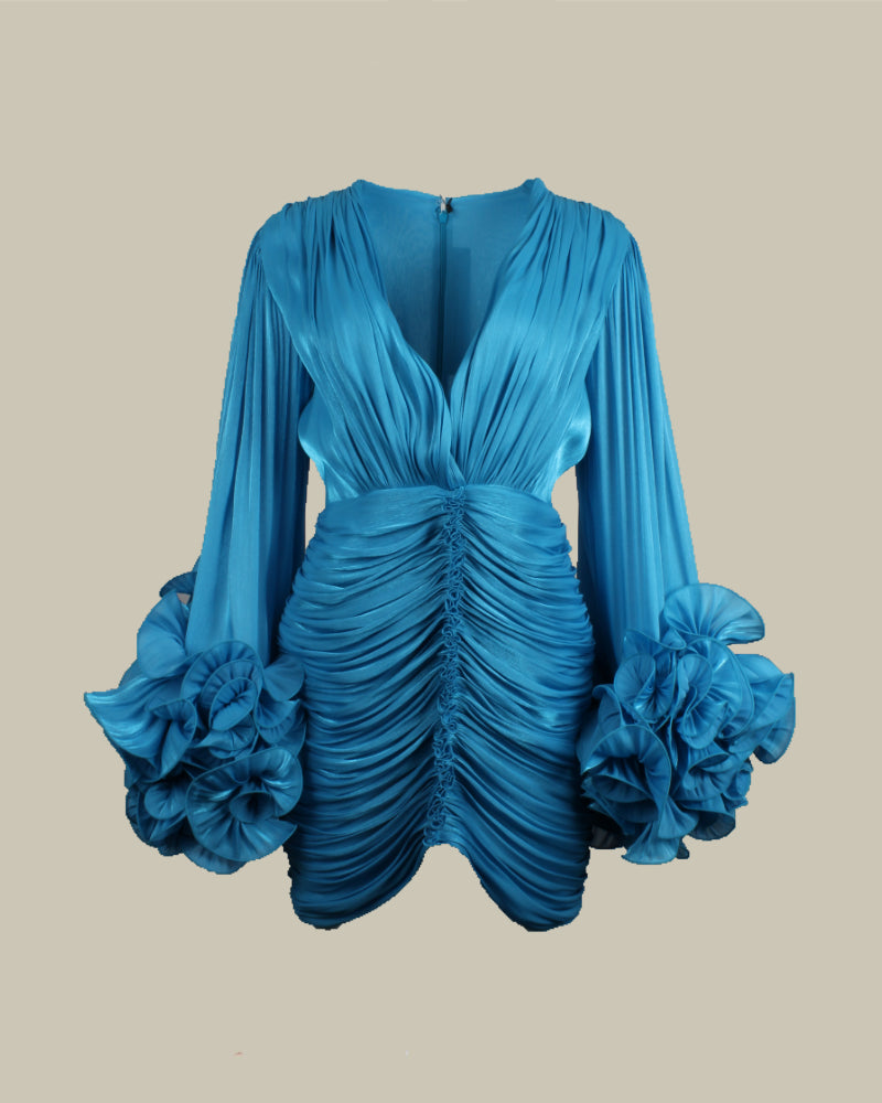 Costarellos Marlow Lurex Georgette Ruched Mini Dress With Statement Ruffled Sleeves MAISON 49