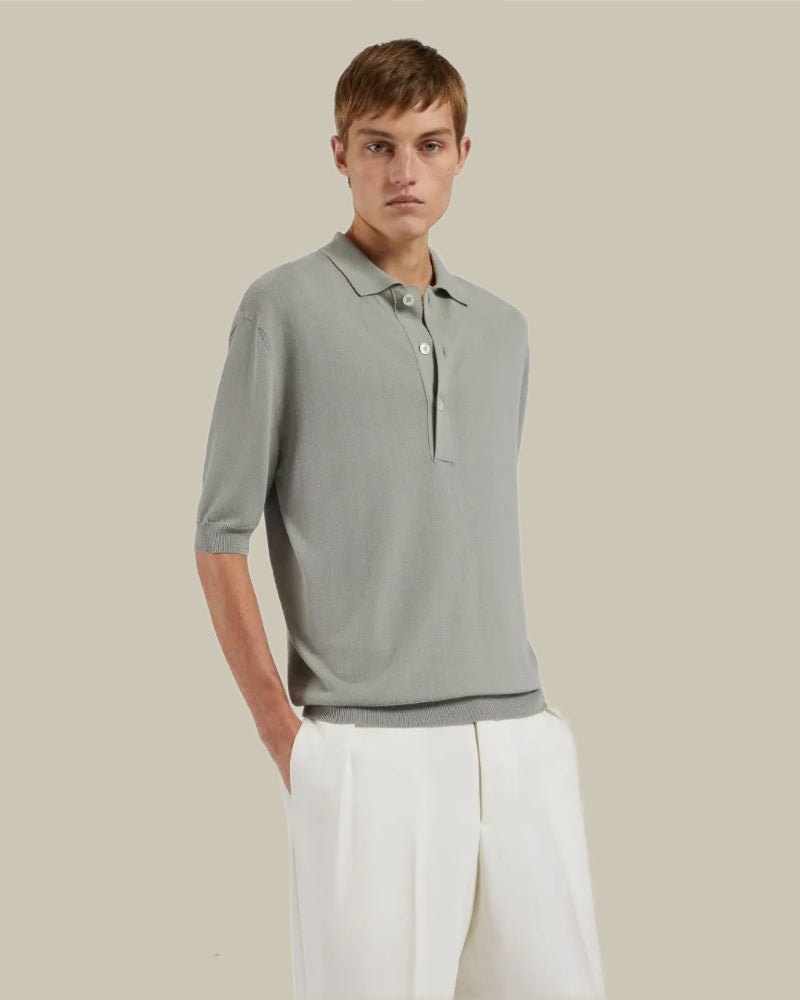 Grey Cotton Knit Button Polo