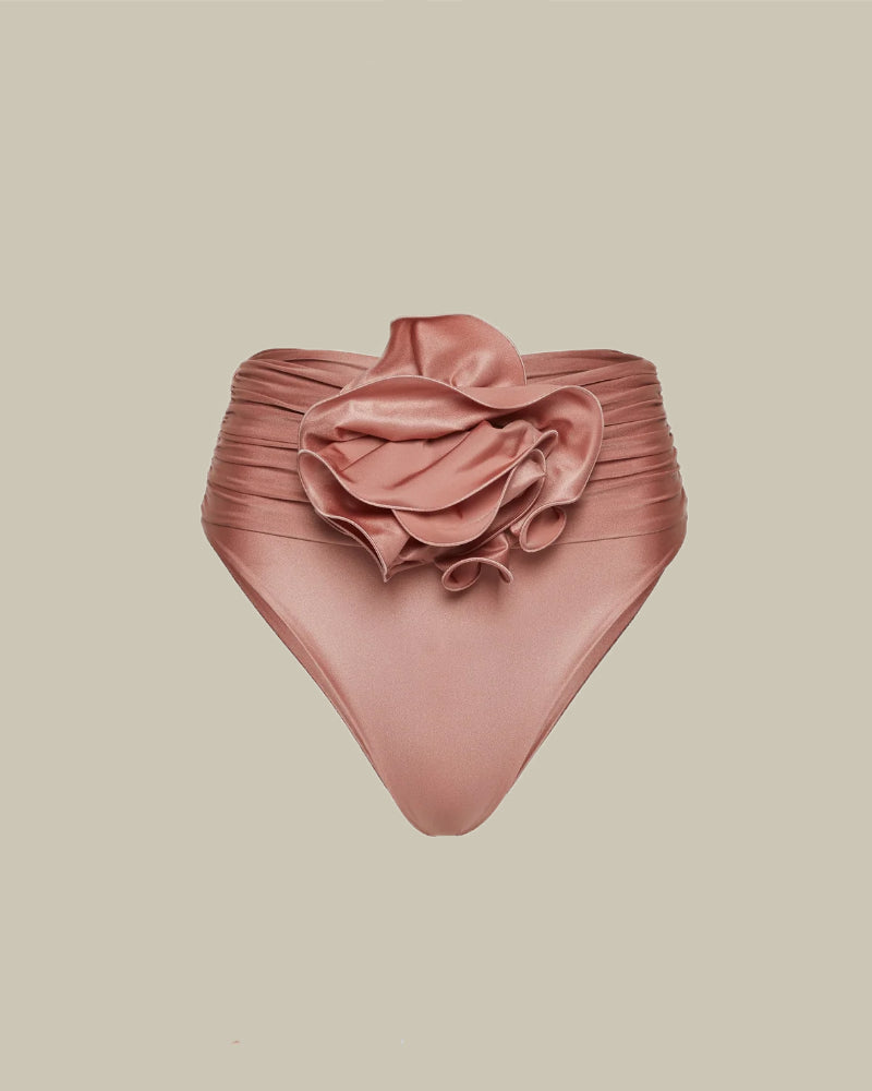 One Shoulder Flower Bikini in Metallic Blush