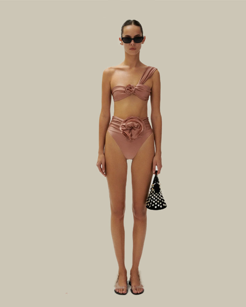 One Shoulder Flower Bikini in Metallic Blush