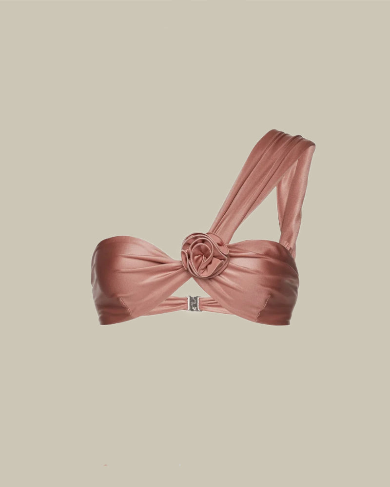 One Shoulder Flower Bikini in Metallic Blush