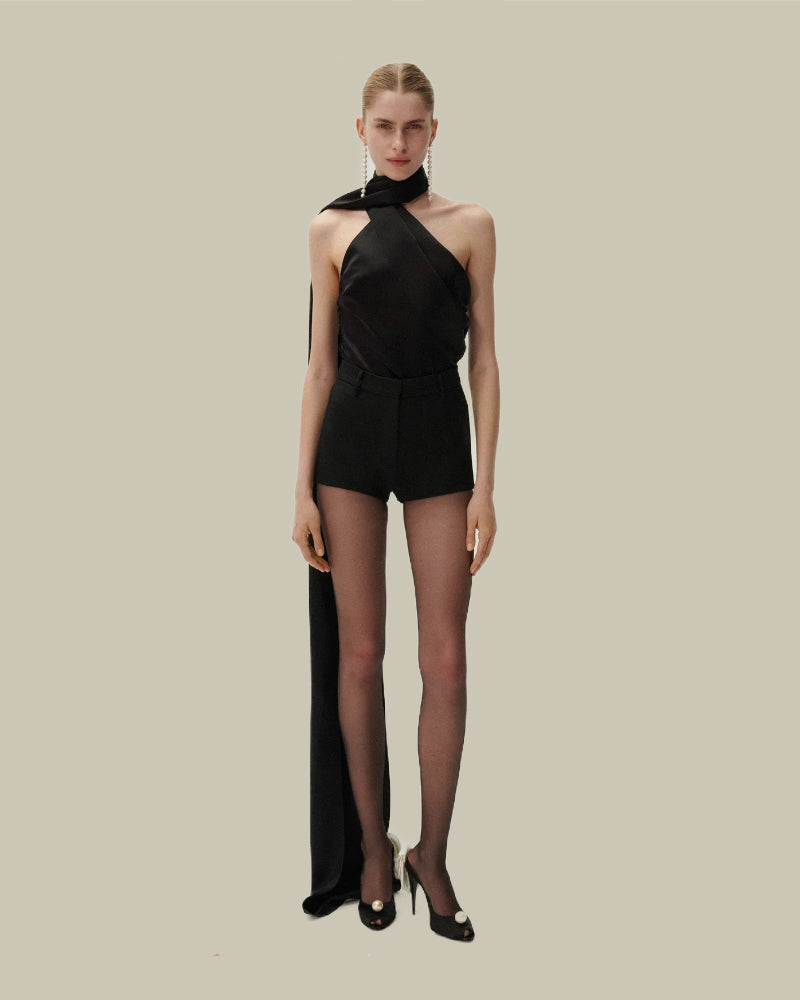 Black Silk Wrap Neck Top
