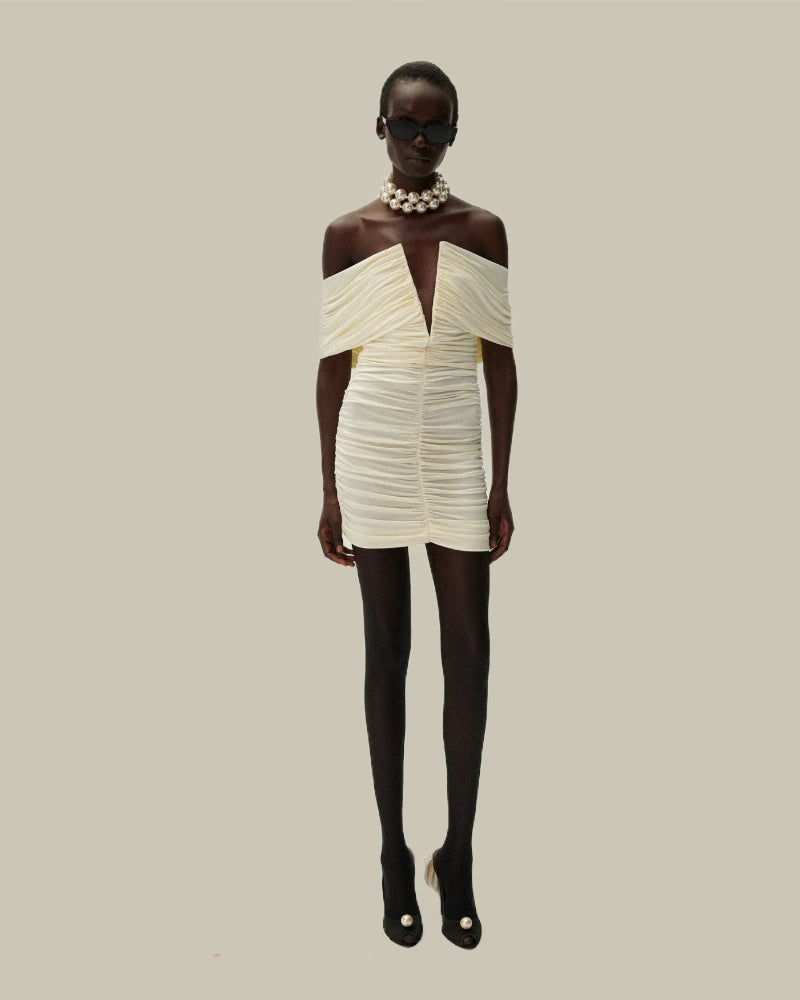V Neck Ruched Dress In Cream