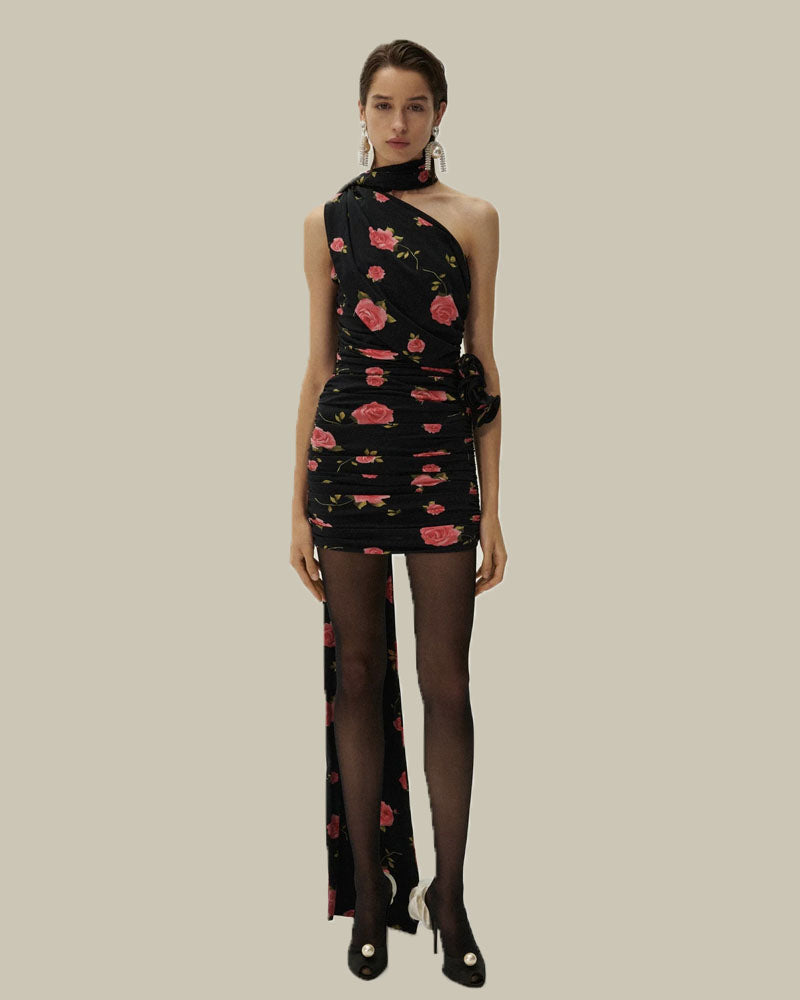 Wrap Neck Mini Dress in Black Print