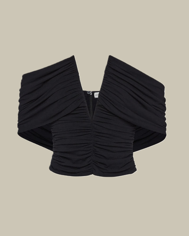Ruched V Neck Wrap Blouse in Black