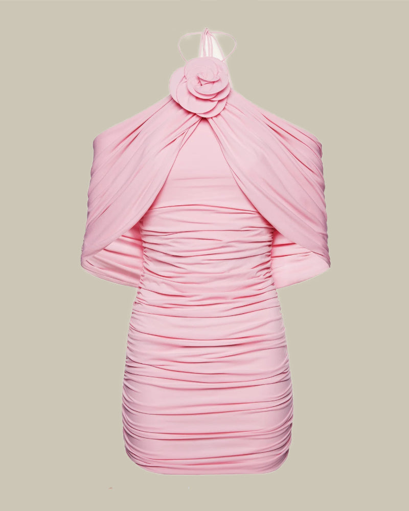 Ruched Flower Appliqué Wrap Dress in Pink