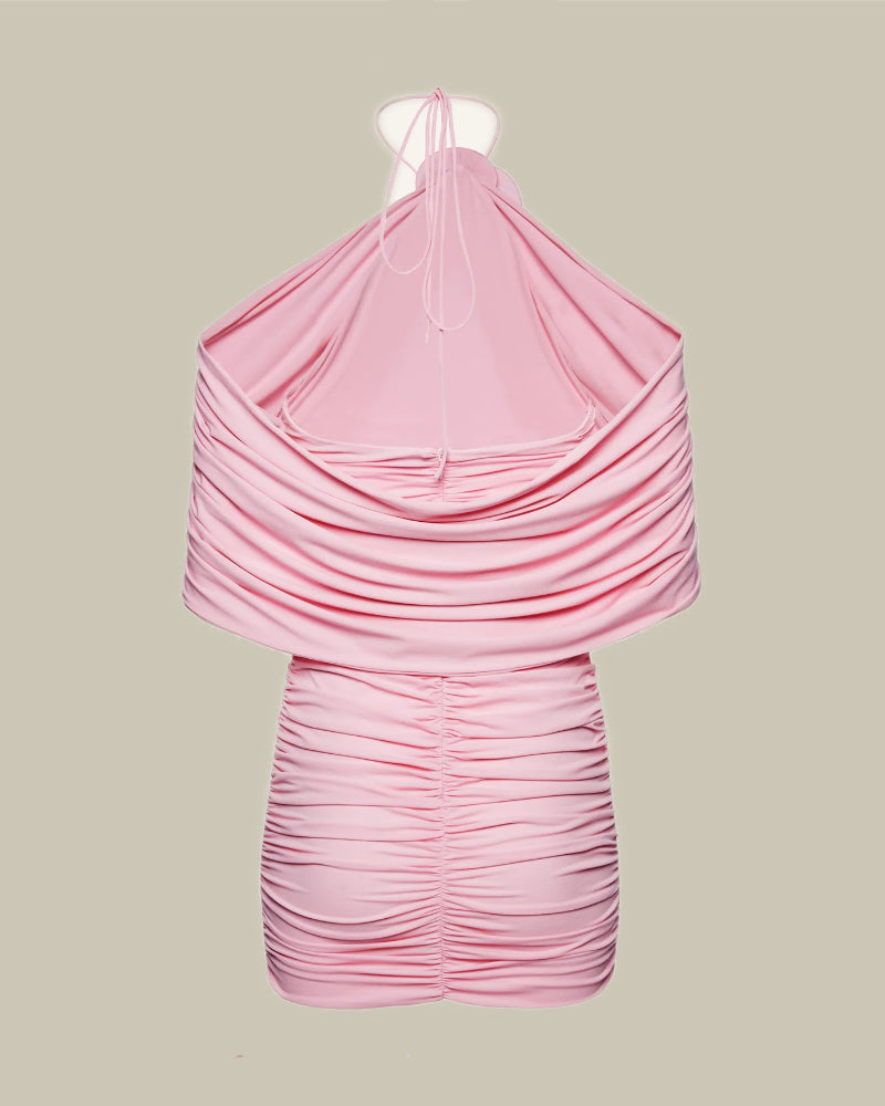 Ruched Flower Appliqué Wrap Dress in Pink