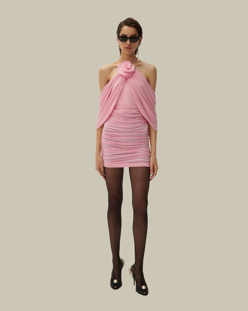 Ruched Flower Appliqué Wrap Dress in Pink