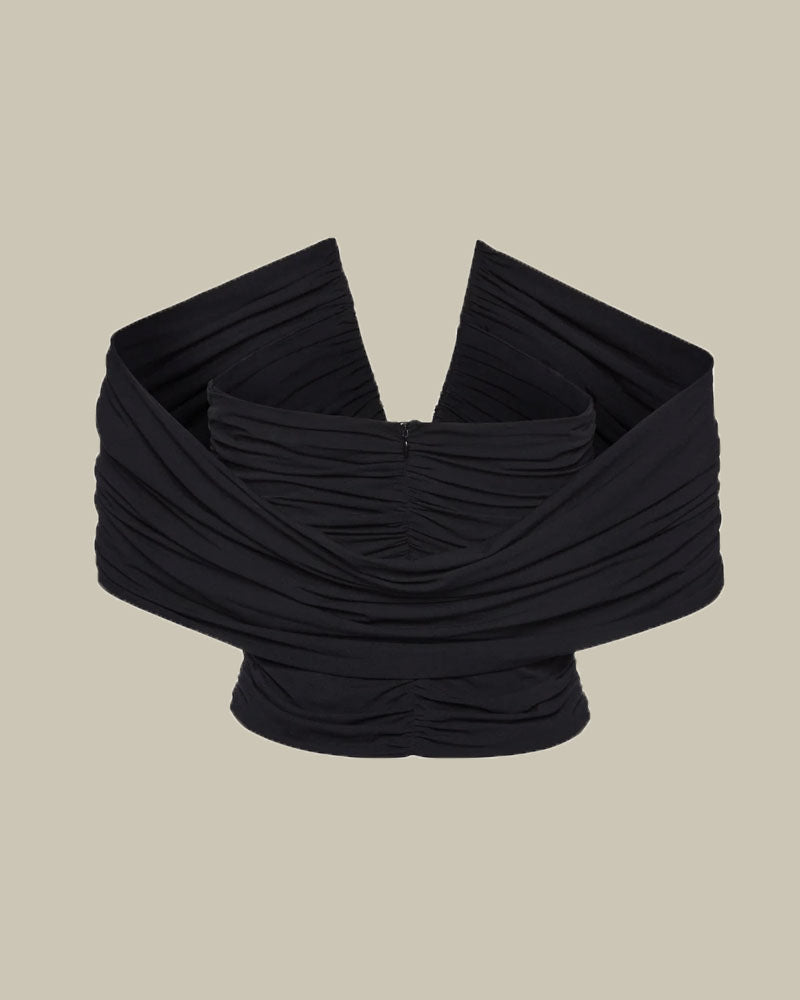 Ruched V Neck Wrap Blouse in Black