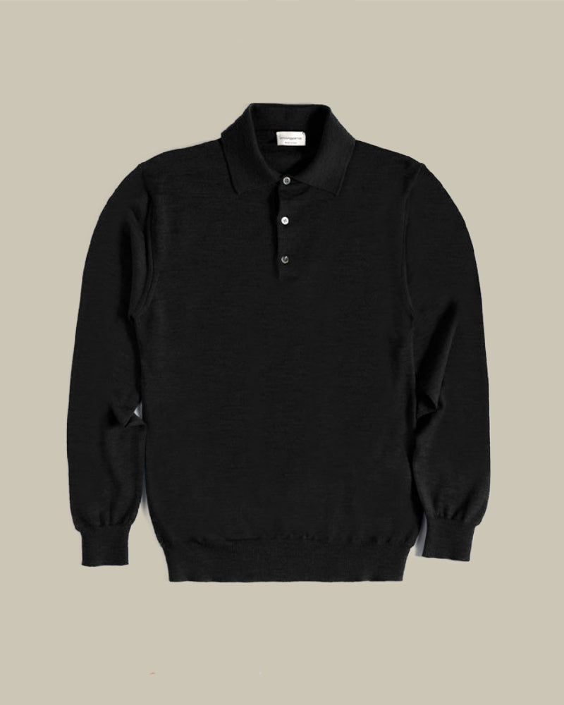 Black Long Sleeve Merino Wool Polo