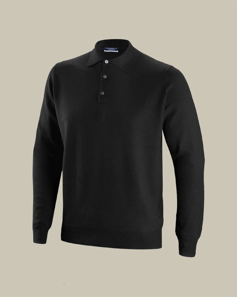 Black Long Sleeve Merino Wool Polo