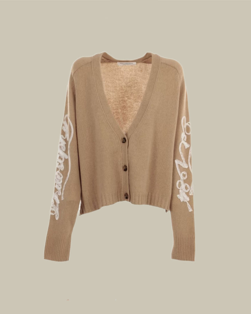 Beige Cashmere Knit Lace Detail Cardgian