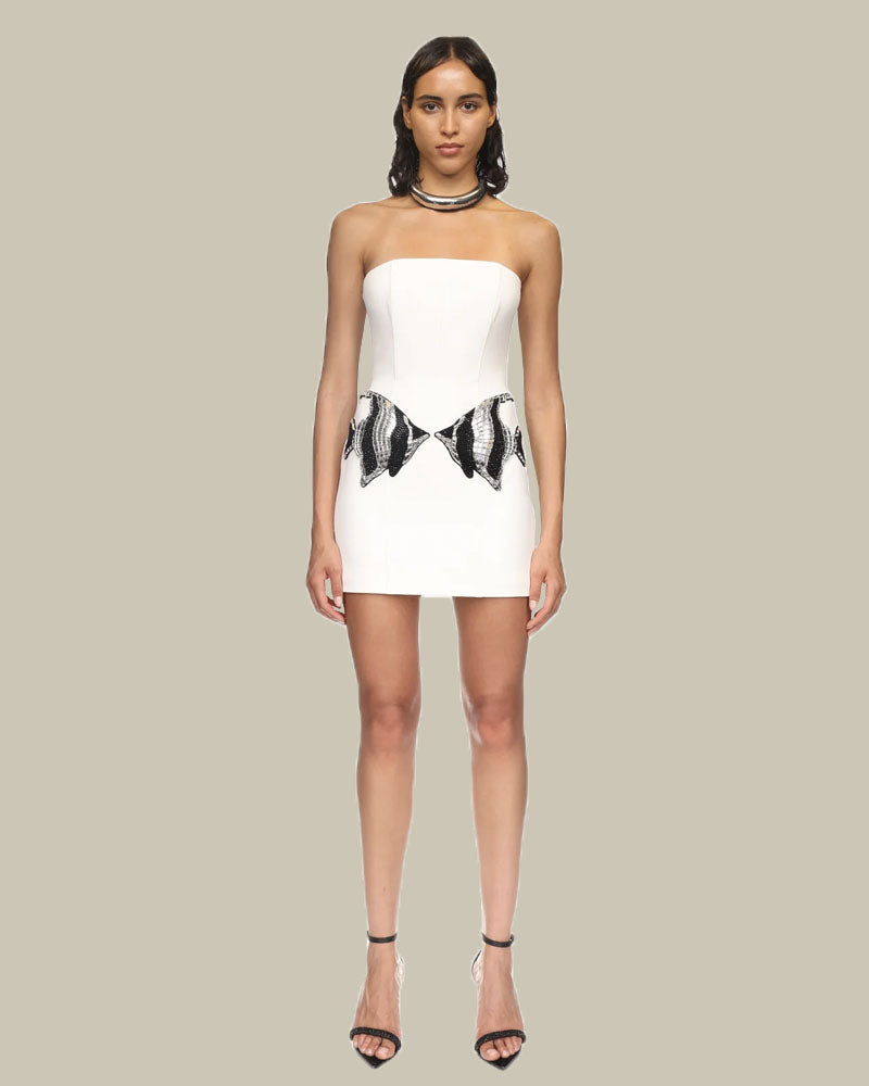 Crystal Fish Embroided Hip Patches Strapless Mini Dress